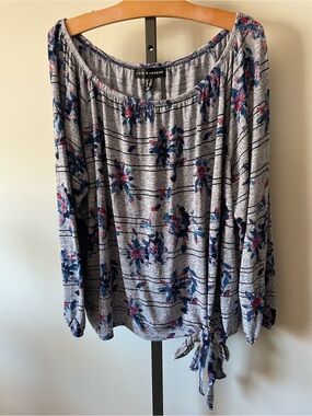 Love & Legend Floral Front Tie Long Sleeve Blouse Top Grey Plus Size 3X